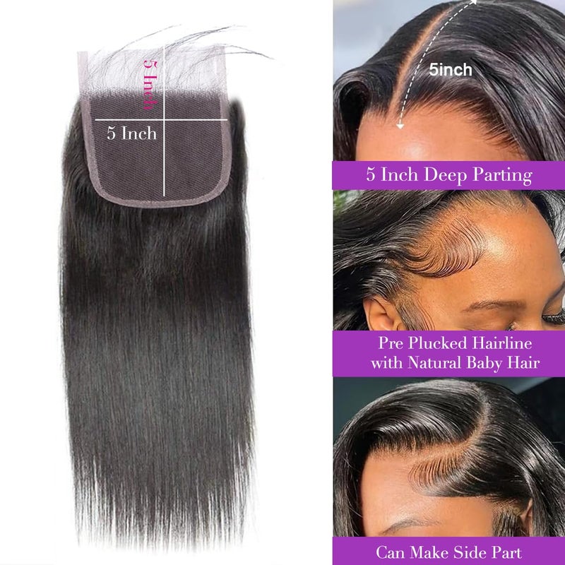 XSY 5x5 hd lace closure Straight frontal hd lace Ultra Thin Invisible Virgin Human Hair Closure Pre Plucked Natural Hairline with Baby Hair Natural Black Color 14 Inch - Image 3